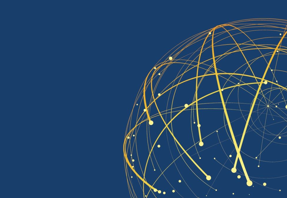 A stylized digital globe composed of interconnected golden lines and nodes over a deep blue background, suggesting global connectivity and data networks.